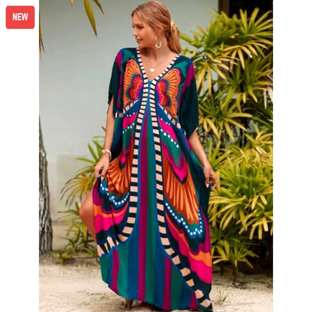 Plus Size Kaftan Maxi Beach Dress Cover Up Flowing Synthetic Silk - Picture 3 of 8